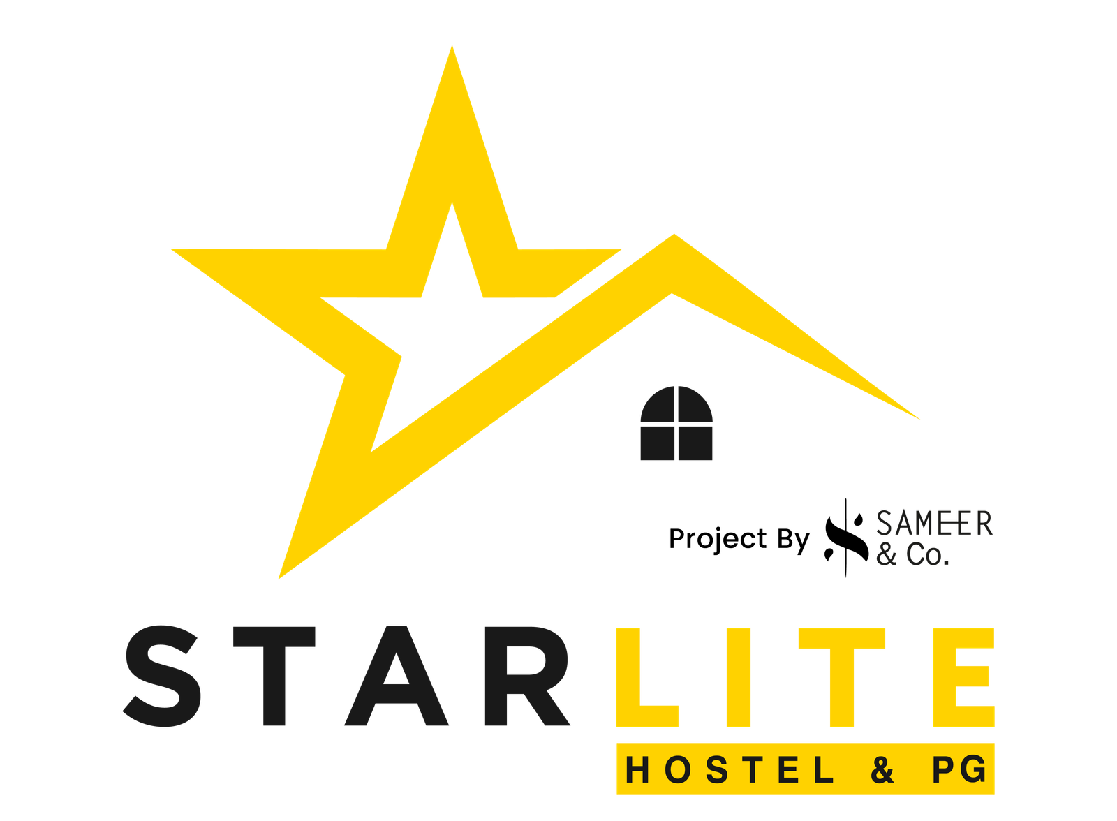 Starlite Hostel logo, yellow background with black text logo